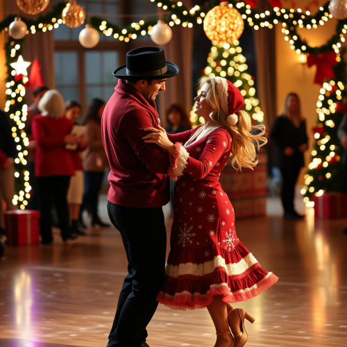A Couple Salsa Dancing in Christmas Attire