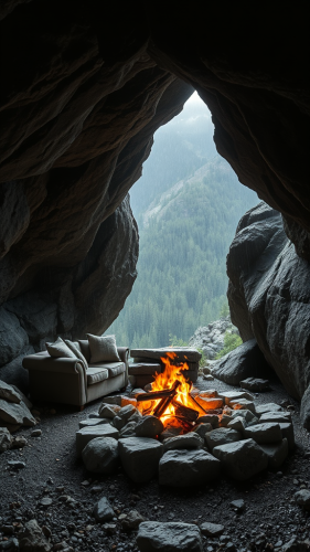 A Cozy Cave Hideout in Rainy Mountain Weather