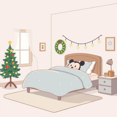 A Cozy Christmas Bedroom in Minimalist Cartoon Art