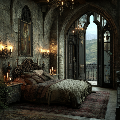 A Cozy Gothic Bedroom with Stone Walls and Candles