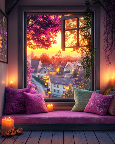 A Cozy Window Seat with Twilight Town View