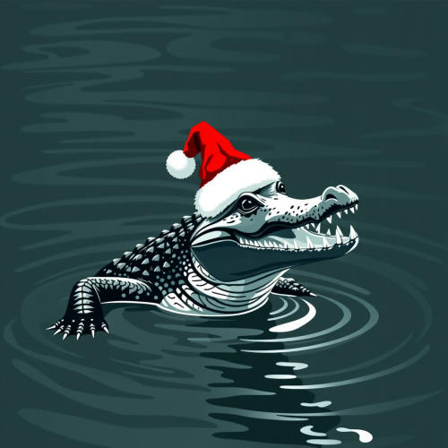 A Crocodile in Santa Hat in a River