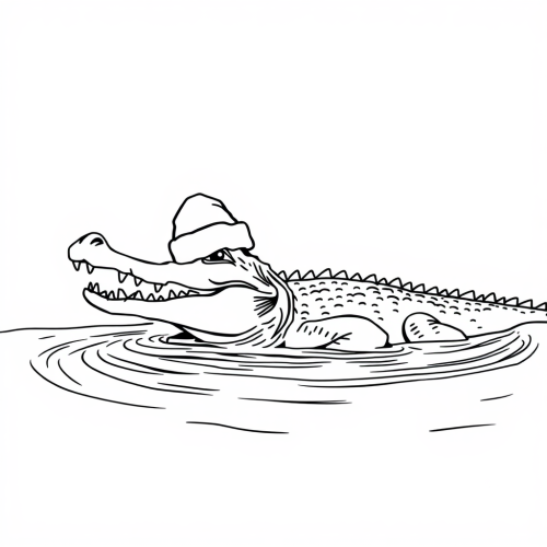 A Crocodile with a Santa Hat in the River