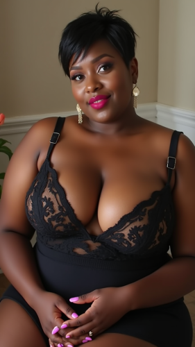 A Curvy Black Lady with Pixie Cut and Glossy Lips