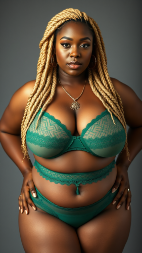 A Curvy Woman with Blonde Braids in Green Lingerie