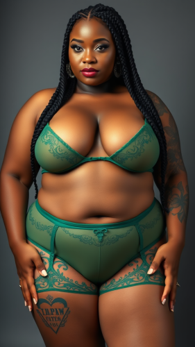 A Curvy Woman with Braids and Green Lingerie