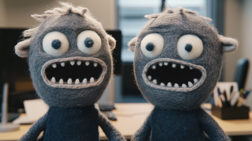 A Cute Angry Puppet Working on Computer