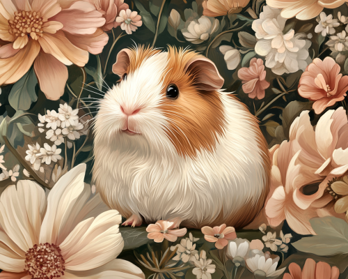 Adorable Guinea Pig Among Blooming Spring Flowers