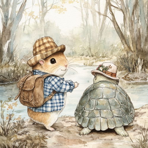 A Cute Hamster and Turtle in Forest Scene