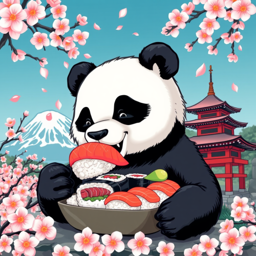 A Cute Panda Eating Sushi in Vintage Japan