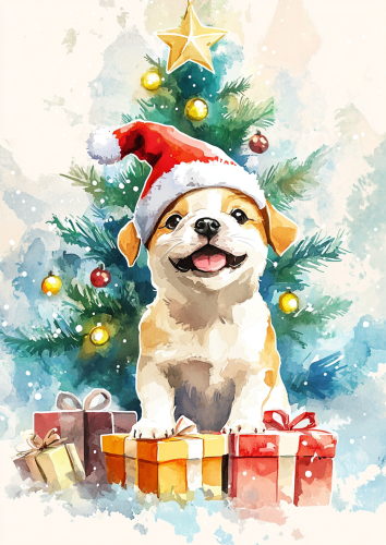 A Cute Puppy in Santa Hat on Christmas Card