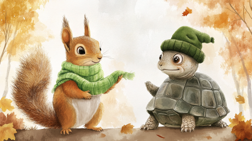 A Cute Squirrel and Turtle in Autumn Forest