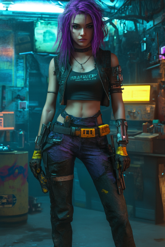 A Cyberpunk Mechanic Girl in a Neon Garage