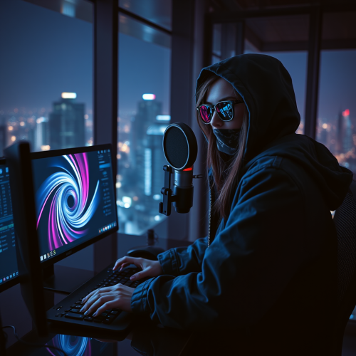 A Cyberpunk Podcaster Records High-Quality Night Show