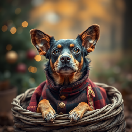 A Dachshund in Santa Costume on Wooden Sleigh