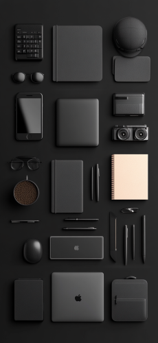 A Dark Office Desk with Minimalistic Objects