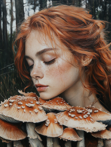 A Dark Oil Painting of a Fiery-Haired Woman