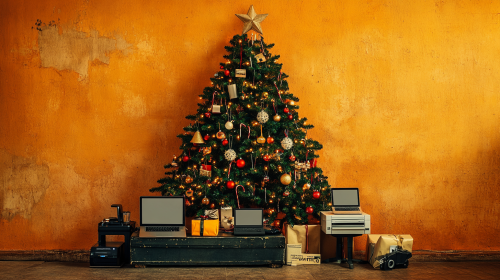 A Decorated Christmas Tree with Tech Gifts