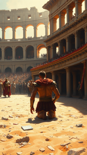 A Defeated Gladiator Awaiting Verdict in Roman Coliseum