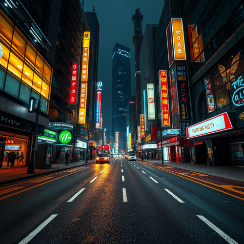 A Deserted Cyberpunk City Street at Night