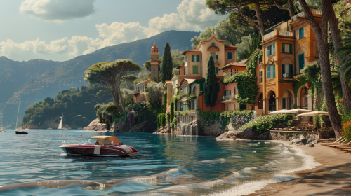 A Detailed Beach Advertisement in Portofino, Cinematic Lighting