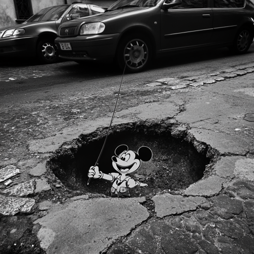 A Disney character fishing on a Rome street