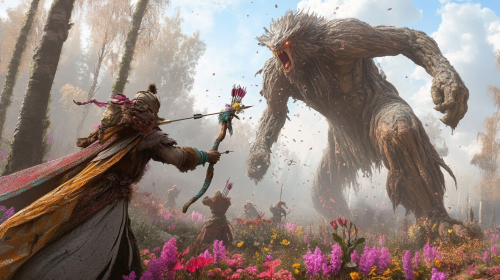 A DnD wizard fights giant troll in forest