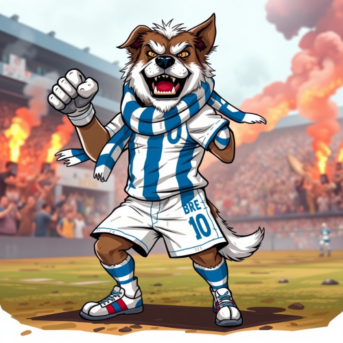 A Dog Hooligan Cheering in Football Stadium