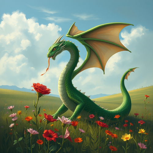 A Dragon Smelling Flowers Before Taking Flight