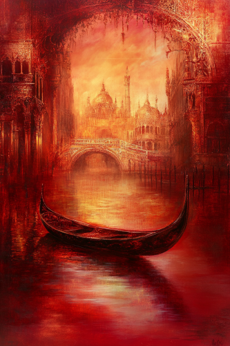 A Dreamy Cityscape Painting in Red and Gold