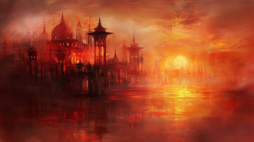 A Dreamy Red and Gold Cityscape Painting