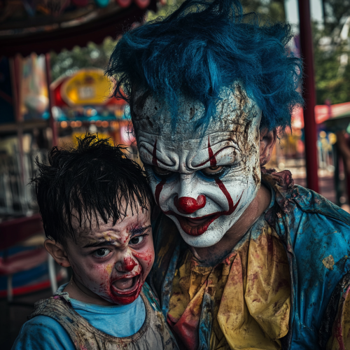 A Drunk Clown Poses with Crying Child