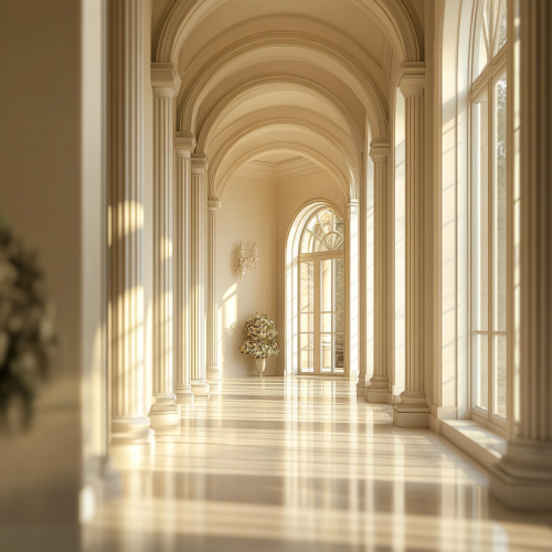 A Elegant European hall with tall windows preserved