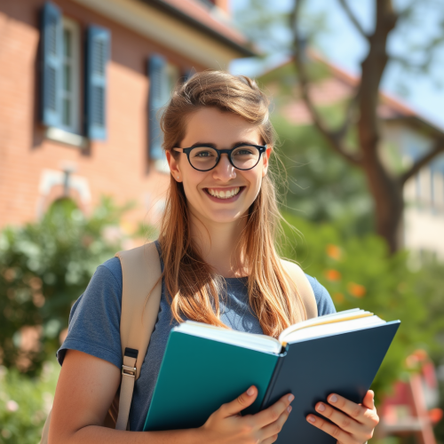 A European Student Smiling with Book and Laptop