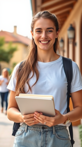A European Student Smiling with Laptop and Book