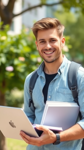 A European Student with Laptop and Book in Summer