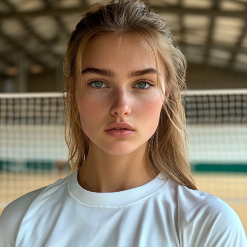 A European woman playing volleyball indoors with iPhone