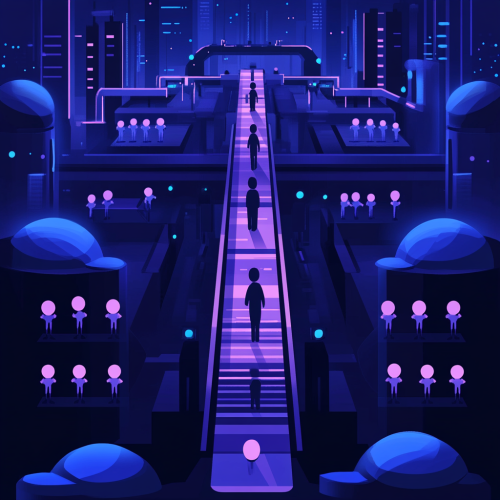 A Factory Cloning People in Blue and Purple