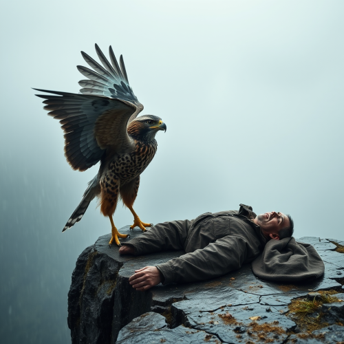 A Falcon Cries by Dead Man on Foggy Cliff