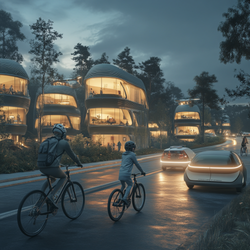 A Family Cycling Past Ecohouses on Futuristic Street