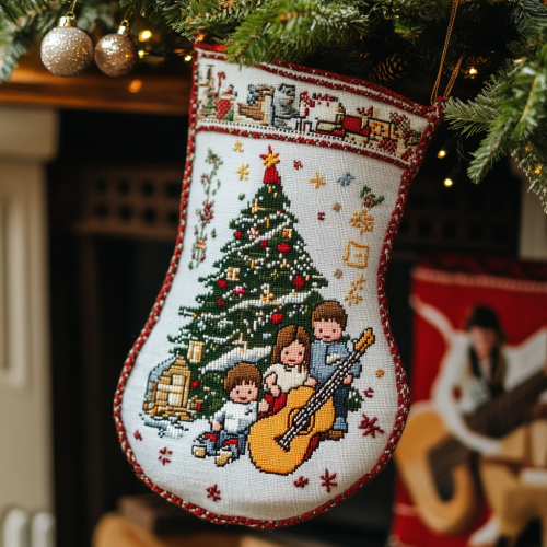 A Family with Christmas Stocking and Guitar Decorations