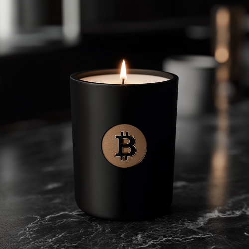 A Fancy Candle with Futuristic Label on Desk