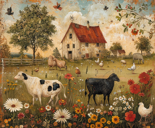 A Farmyard with Animals in a Naïve Style