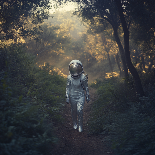 A Female Astronaut Walking Through a Forest
