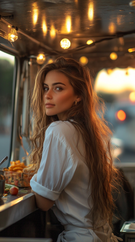 A Female Food Truck Owner Counting Earnings at Sunset