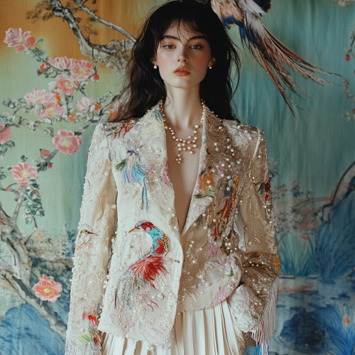 A Female Model in Japanese Art-Inspired Fashion