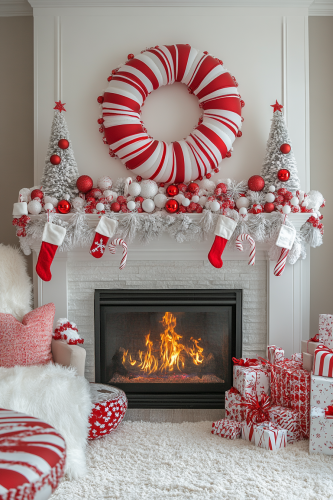 A Festive Candy Cane Fireplace Mantle Display A Festive Candy Cane Fireplace Mantle Display