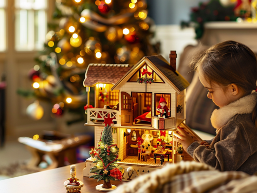 A Festive Christmas Living Room with Dollhouse