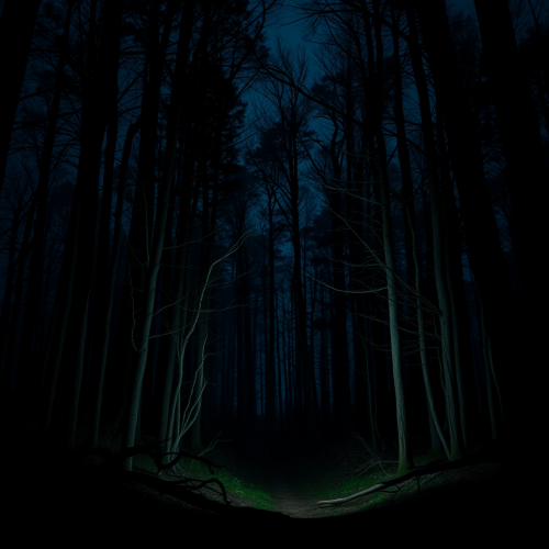 A Flashlight Illuminating a Dark Scary Forest