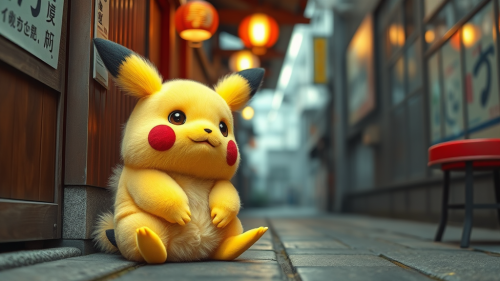 A Fluffy Pikachu in a Japanese Alleyway
